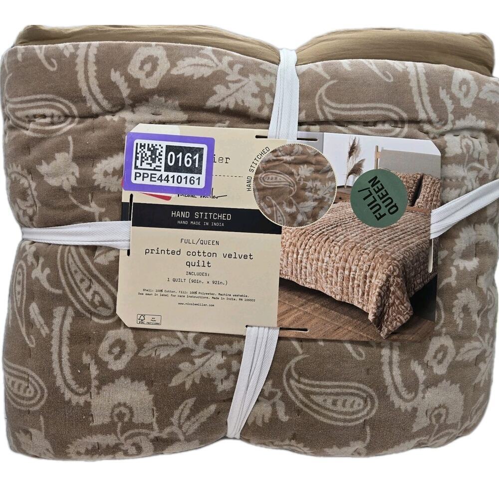 Nicole Miller Velvet Paisley QUEEN Quilt Hand Stitched Beige Brown NEW COTTAGE